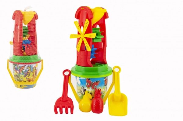 Teddies Sada na písek plast kbelík, mlýnek s doplňky 4 druhy v síťce 20x42x19cm 12m+