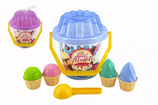 Teddies Sada na písek plast kbelík, lopatka, bábovky 2 barvy v síťce 20x21x20cm 12m+
