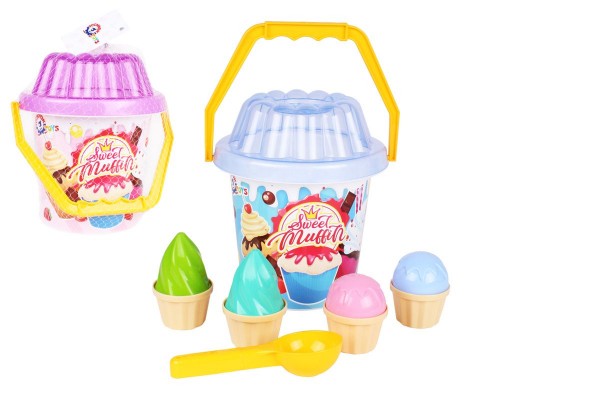 Teddies Sada na písek plast kbelík, lopatka, bábovky skladem Barva: Modrá