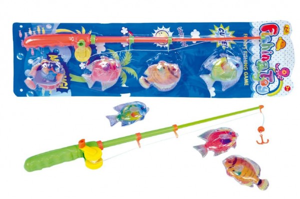 Teddies Hra ryby/rybář magnetické plast 4ks+prut plast 44cm asst 2 barvy na kartě