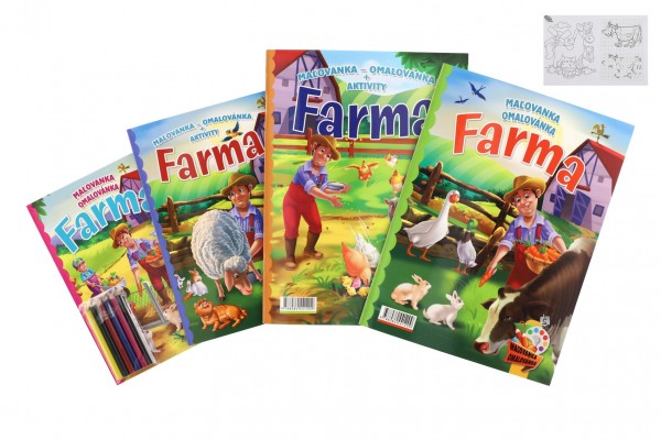 FONI Book Omalovánky+aktivity/Maľovanky+aktivity Na farmě/Na farme 4ks + pastelky CZ+SK verze v sáčku 21x29cm