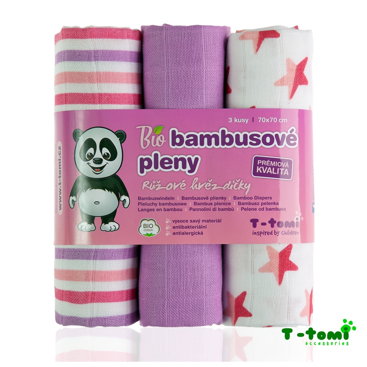 T-Tomi BIO Bambusové pleny 70x70, Růžové hvězdičky 3ks