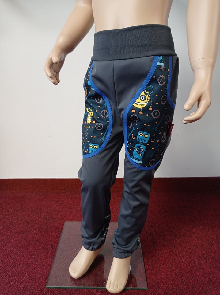 Abeli Softshellové kalhoty letní pružné Slim fit, černé s Roboty Velikost: 80