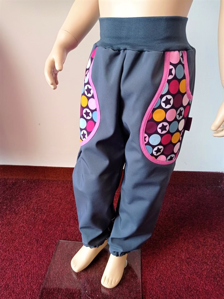Abeli Softshellové kalhoty s flísem šedé, Hvězdičky a kolečka růžová Velikost: 140
