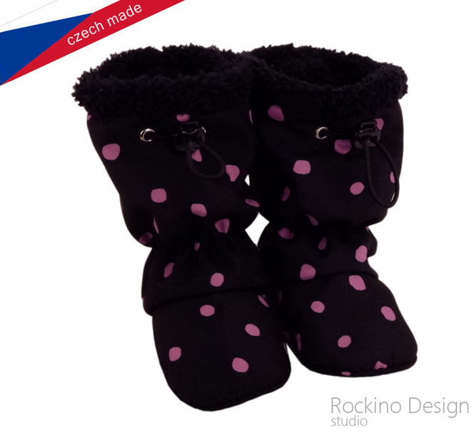 Rockino Dětské softshellové capáčky 6337 - růžové puntíky na černé Velikost: vel. 2 - 8 až 15 měsíců