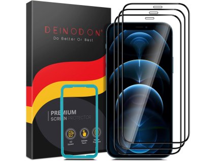 DEINODON Balení 3 ks Ochranné tvrzené sklo na celou obrazovku pro iPhone 12 a iPhone 12 Pro s montážním rámečkem