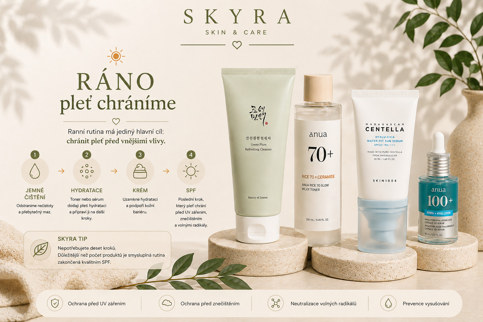Ranní skincare rutina – čištění hydratace krém SPF