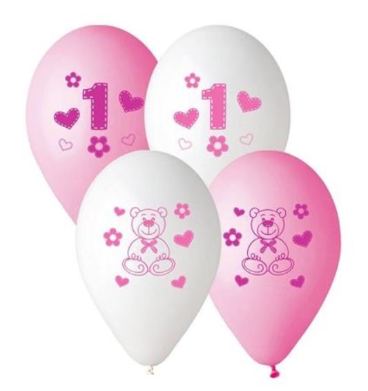 Latexový balonek 1 s medvídkem růžový 4 ks