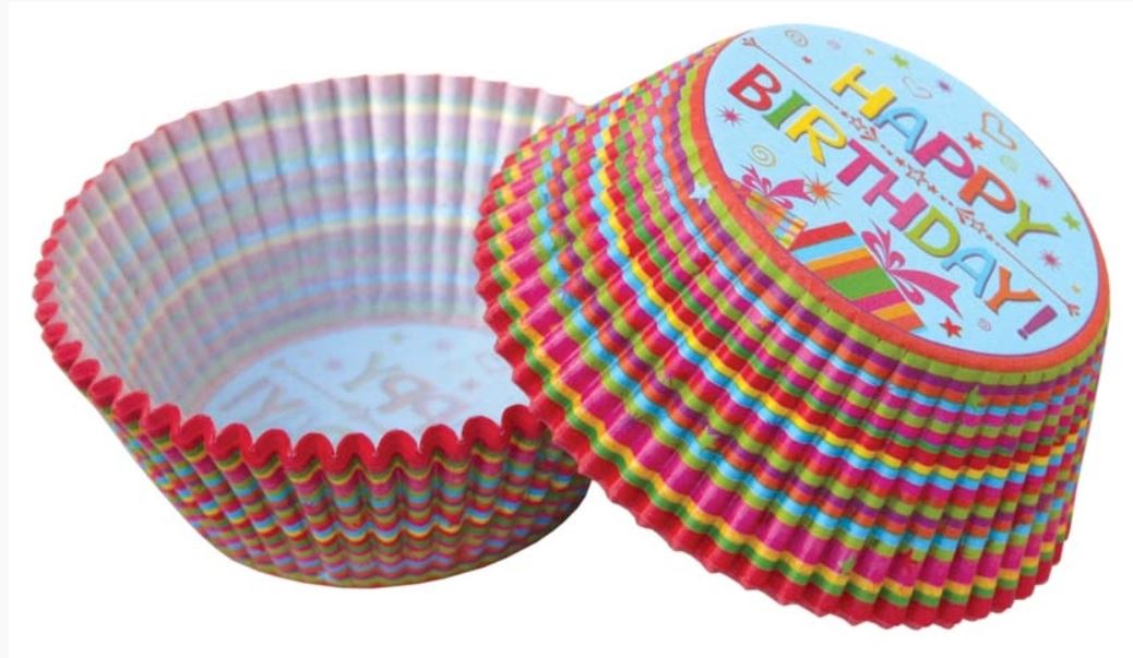 Košíčky na muffiny Happy Birthday s proužky 50 ks