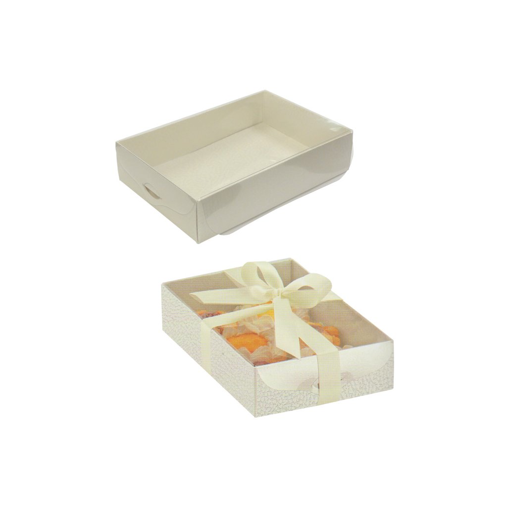 Krabice s průhledným víkem 150x100, v.35mm (kůže bílá) 10 ks/bal | Sladké  Potřeby CZ mají skladem