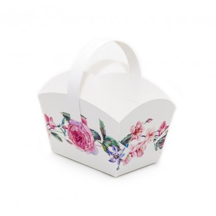 Svatební košíček na cukroví bílý s květinami (10 x 6,7 x 8 cm) /D_KOS2089-01