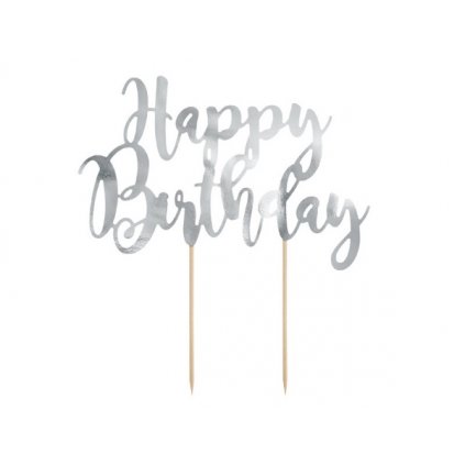 Dekorace na dort nápis Happy Birthday - stříbrné 22 cm  /BP
