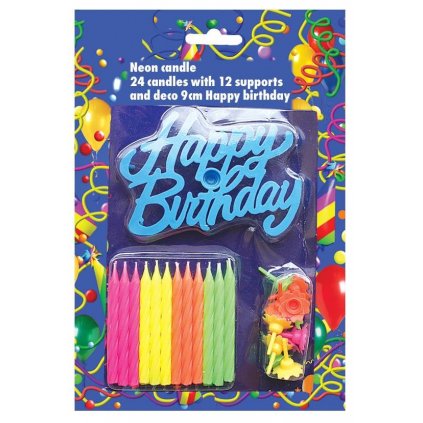 Svíčky na dort 24ks neonové s nápisem Happy Birthday - Alvarak  | Cukrářské potřeby