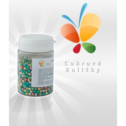 Cukrové kuličky, prům. 3-4mm (duhové metalické) 50 g/dóza