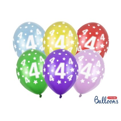 PartyDeco balónky barevné metalické 4. narozeniny (6 ks, náhodné barvy) ♡