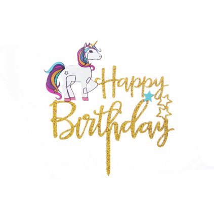 Zapichovací plastová dekorace Happy Birthday s jednorožcem /D_SB004