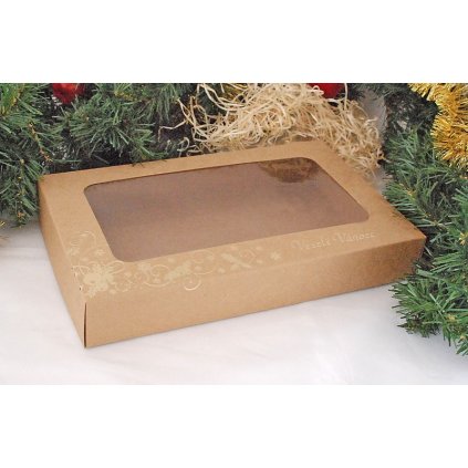 Vánoční krabice na cukroví kraftová (25 x 15 x 3,7 cm) na 500g CUKROVÍ, ZLATÝ POTISK