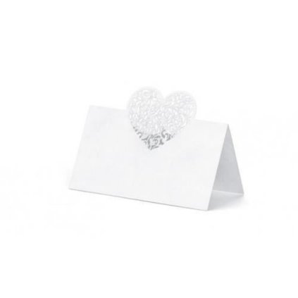 Jmenovky na stůl stavební 10ks 9 x 6.5cm bílé srdce - PartyDeco  | Cukrářské potřeby