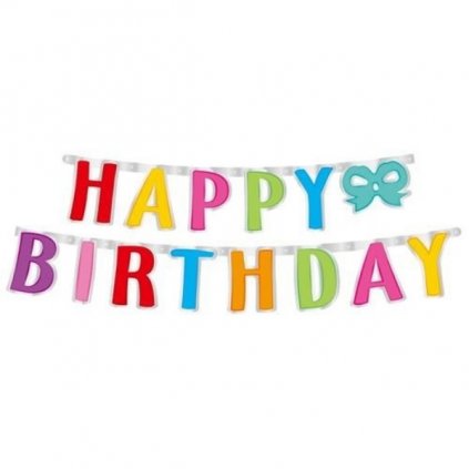 Party nápis Happy Birthday - barevný s mašlí 160 x 14 cm  /BP