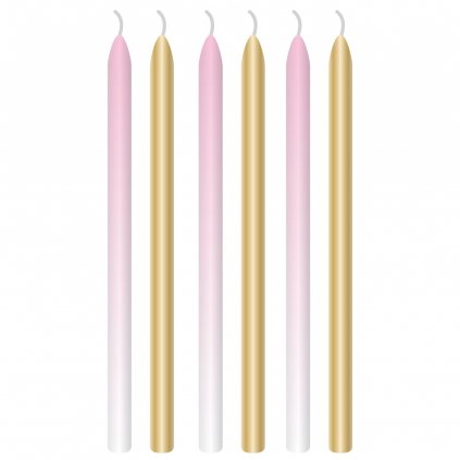 Dortové svíčky světle růžové a zlaté s držáky 6 ks 12 cm