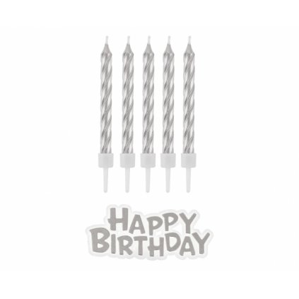 Dortové svíčky stříbrné s držátky a nápis Happy Birthday 8 cm - 16 ks  /BP