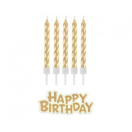Dortové svíčky zlaté s držátky a nápis Happy Birthday 8 cm - 16 ks  /BP