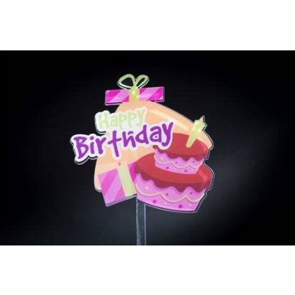 Zapichovací plastová dekorace Happy Birthday s dortem a dárkem /D_HBN02
