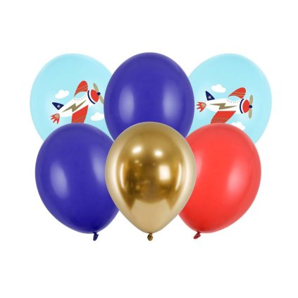 PartyDeco balónky modré, červené a zlaté s letadlem (6 ks) ♡