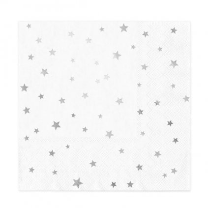 Papírové ubrousky bílé se stříbrnými hvězdičkami, 10 ks - 33 cm x 33 cm  /BP