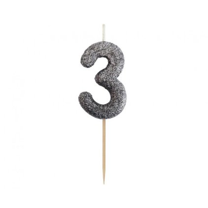 Dortová svíčka číslo 3 - třpytivá černo stříbrná, 11 x 3,5 cm  /BP
