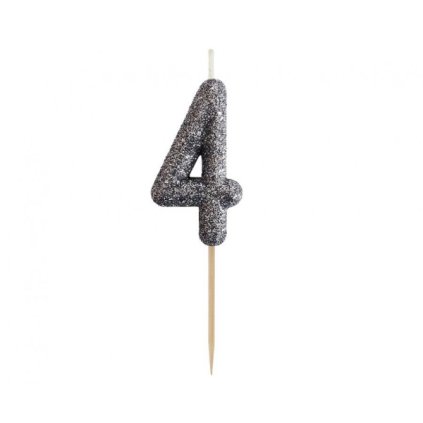 Dortová svíčka číslo 4 - třpytivá černo stříbrná, 11 x 3,5 cm  /BP