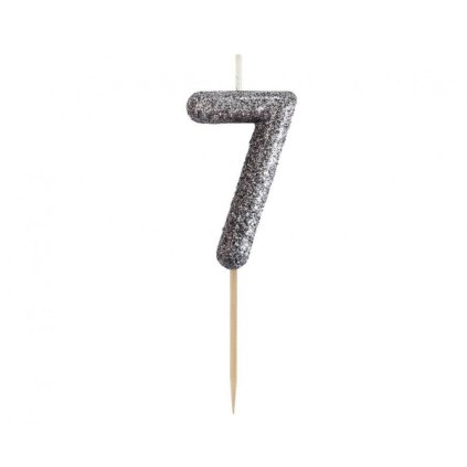 Dortová svíčka číslo 7 - třpytivá černo stříbrná, 11 x 3,5 cm  /BP