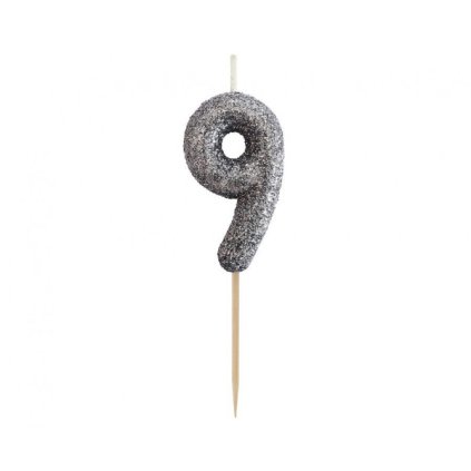 Dortová svíčka číslo 9 - třpytivá černo stříbrná, 11 x 3,5 cm  /BP