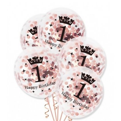 Průhledné balonky První narozeniny s RoseGold konfetami - 30 cm, 5 ks  /BP