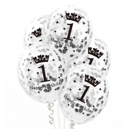 Průhledné balonky První narozeniny se stříbrnými konfetami - 30 cm, 5 ks  /BP