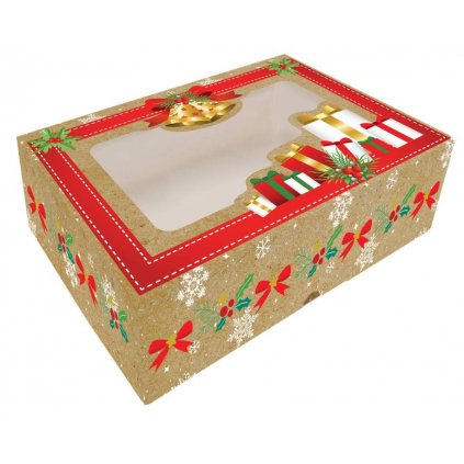 Alvarak vánoční krabice na cukroví Hnědá s dárky a zvonky 23 x 15 x 5 cm /D_CBOX-102