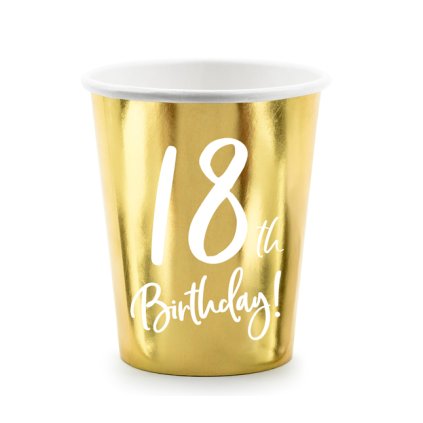Papírové kelímky zlaté narozeninové 18 let - 220ml 6ks - PartyDeco  | Cukrářské potřeby