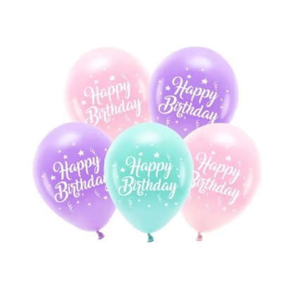 PartyDeco Eco balónky růžové, fialové a tyrkysové Happy Birthday (5 ks) ♡