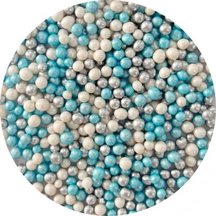 4Cake Cukrovo-rýžové perly bílé perleťové, modré perleťové a stříbrné (60 g) /D_EX0757-60