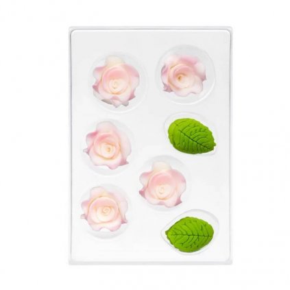 Cukrová dekorace Růže malá bílo-růžová s lístky (11 ks) /D_C-2630