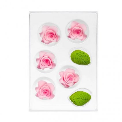 Cukrová dekorace Růže malá růžová s lístky (11 ks) /D_C-2603