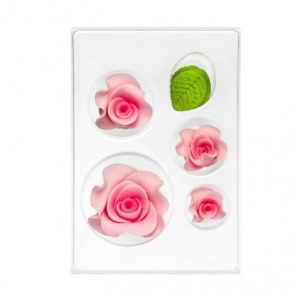 Cukrová dekorace Růže růžová s lístky (14 ks) /D_C-0903