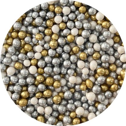 Cukrovo-rýžové perly bílé perleťové, stříbrné a zlaté (60 g) ♡
