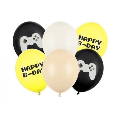 PartyDeco balónky bílé, žluté a černé s herním motivem Happy B-Day (6 ks) /D_SB14P-336-000-6