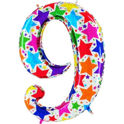 Nafukovací balónek číslo 9 barevné hvězdičky 102cm extra velký - Grabo  | Cukrářské potřeby