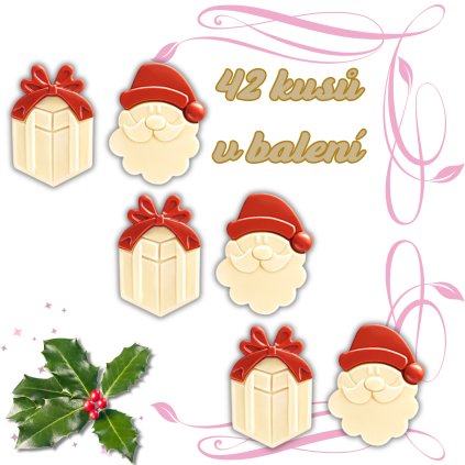 Čokoládová vánoční dekorace Santa a Dárek 42 ks