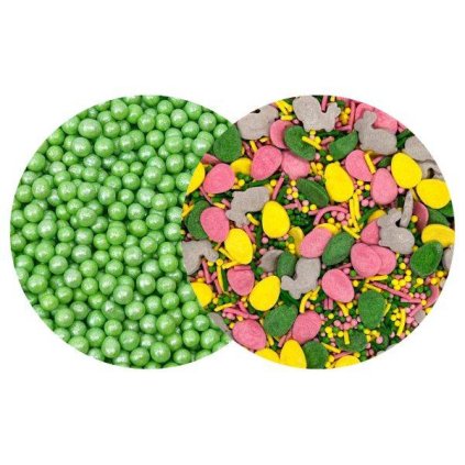 Cukrovo-rýžové perly zelené perleťové 5 mm a cukrové zdobení Easter Miracle (100 g) ♡