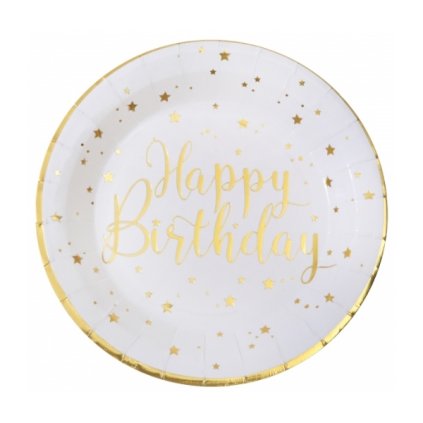 0025385 papirove talire happy birthday bilo zlate 10 ks 600