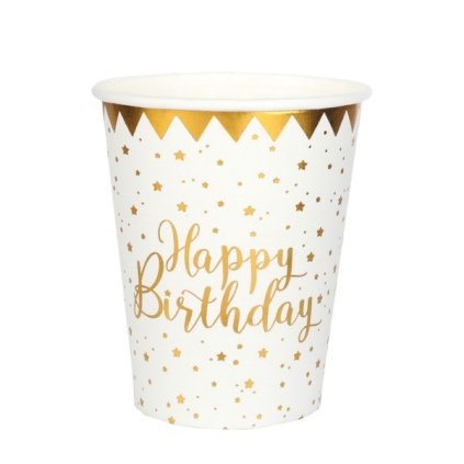 0025383 papirove kelimky bile se zlatymi hvezdami happy birthday 270 ml 10 ks 600