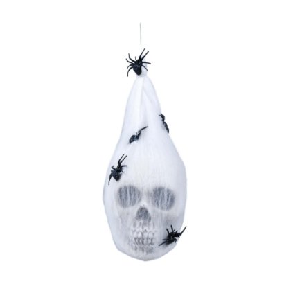 0033398 dekorace pavucinovy kokon s lebkou a pavouky 25 cm 600